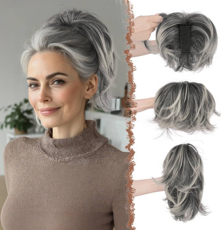 FESHFEN Claw Clip Short Ponytail Extension front view showcasing black gray and white tips hairpiece.