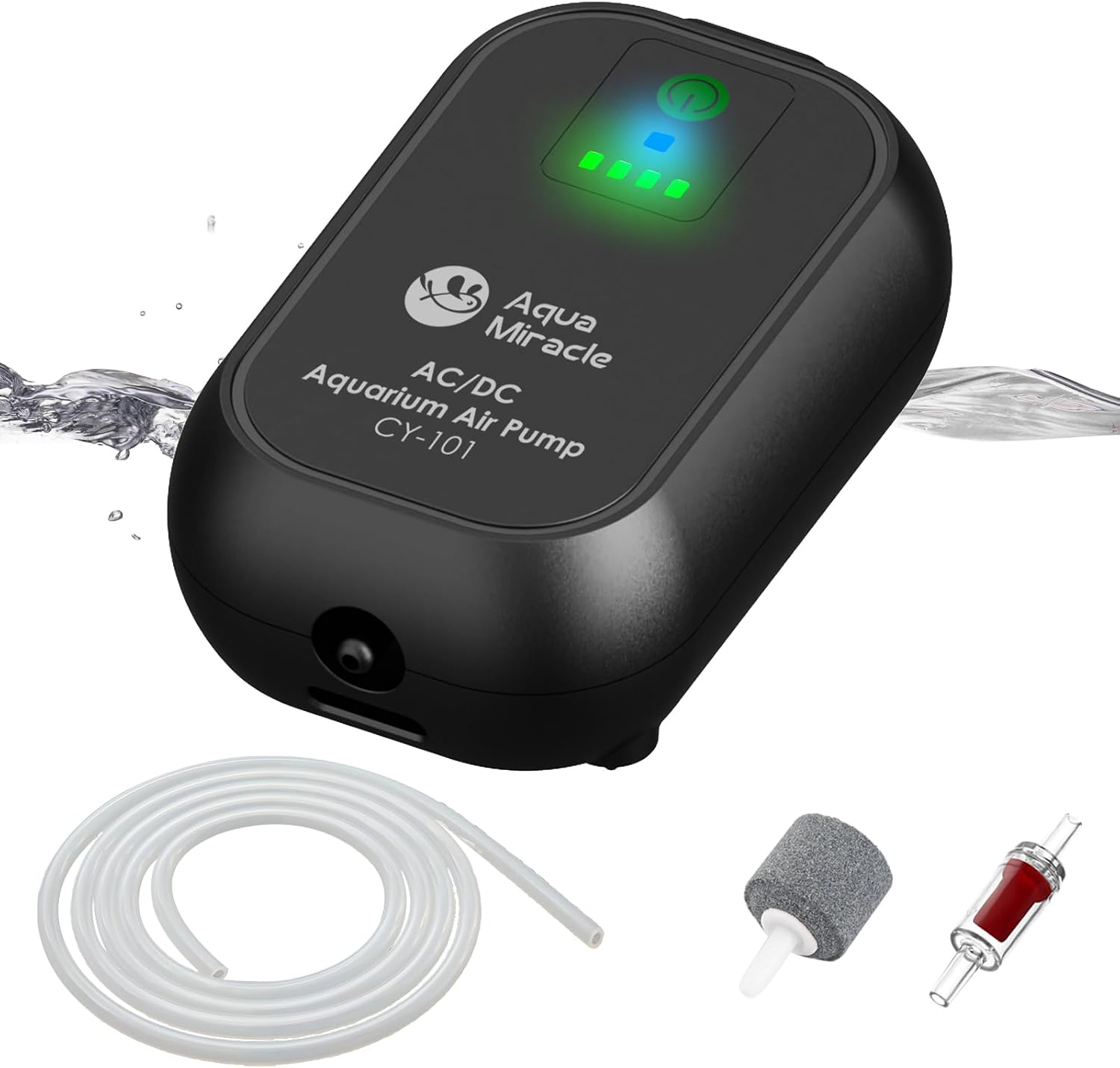 AquaMiracle USB rechargeable aquarium air pump front view for fish tanks