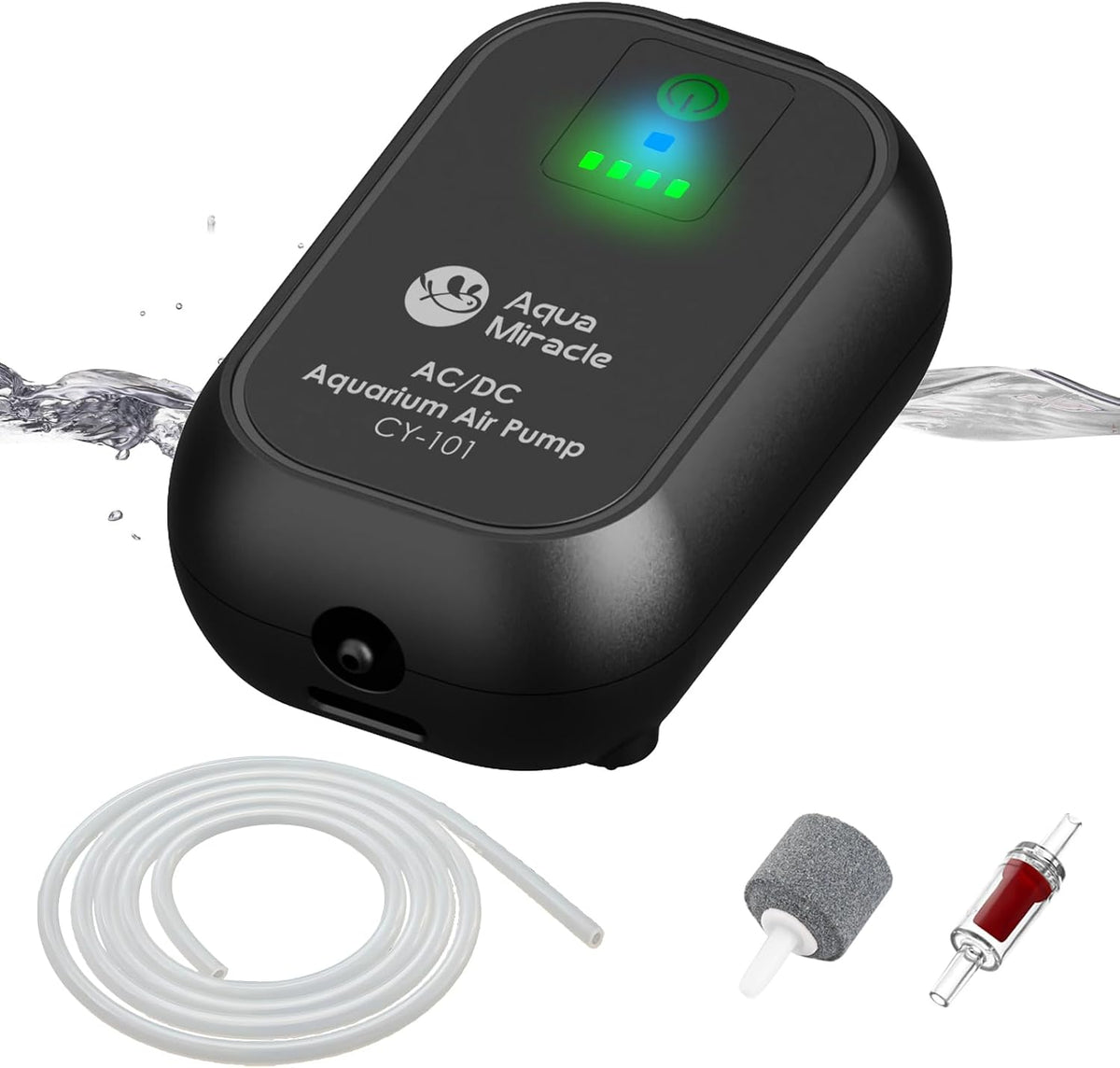 AquaMiracle USB rechargeable aquarium air pump front view for fish tanks
