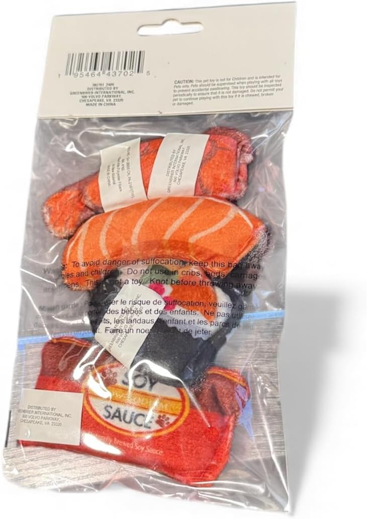 Four piece variety pack of colorful novelty pet plushies for exercise and boredom relief