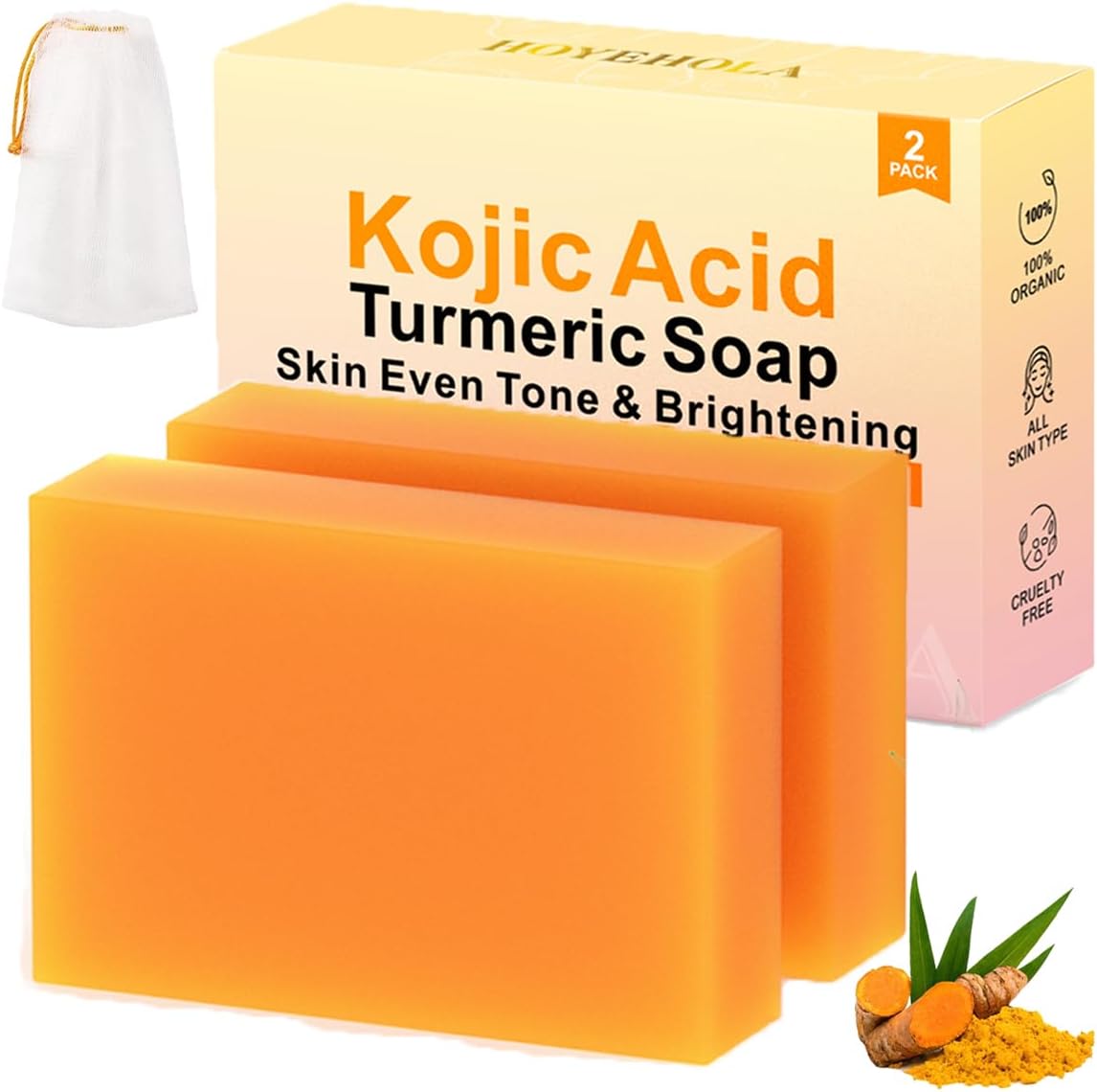 HOYEHOLA Kojic Acid Turmeric Soap Bar front view pack of two skin brightening cleansers