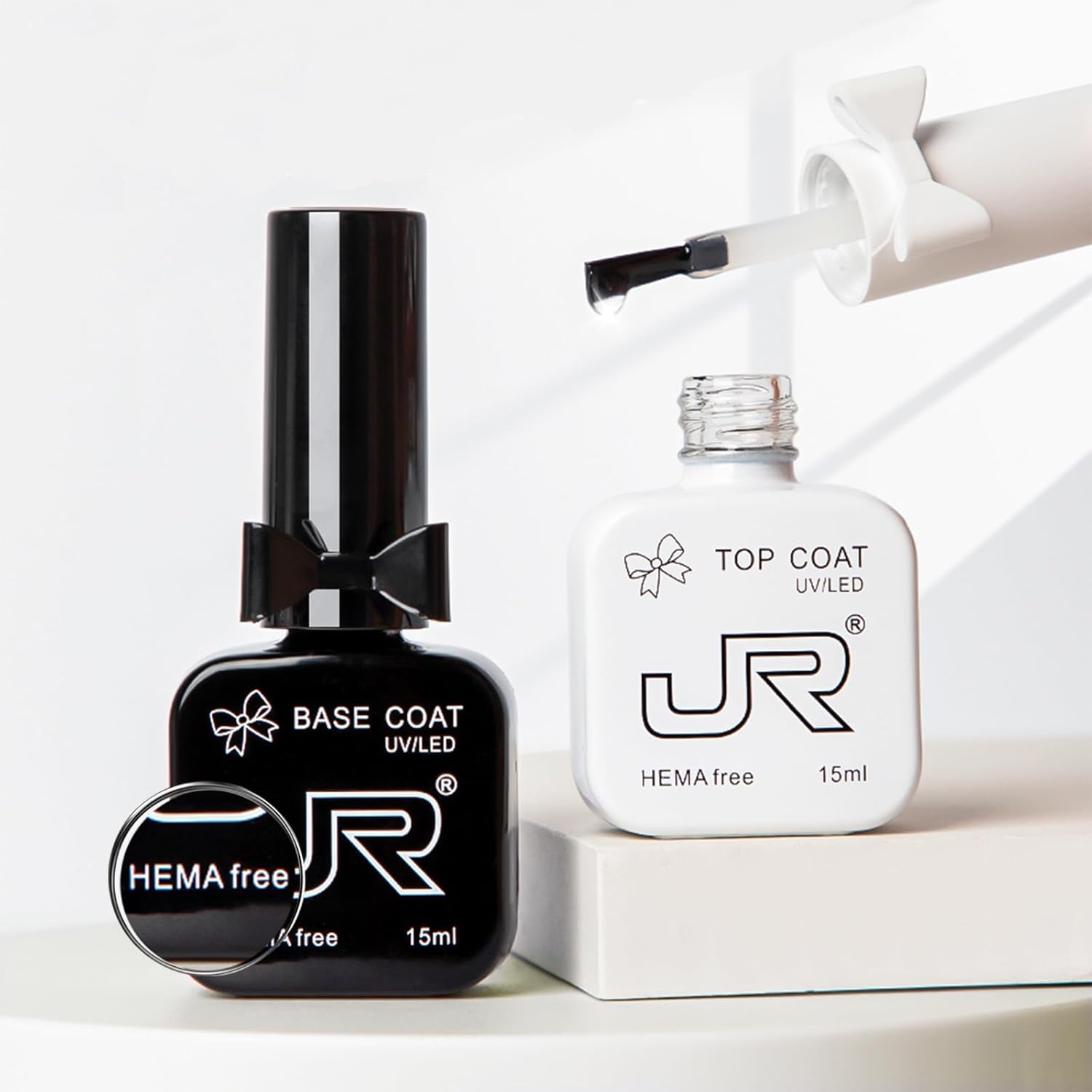 Hamprico JR gel top and base coat set front view showing two fifteen milliliter bottles.