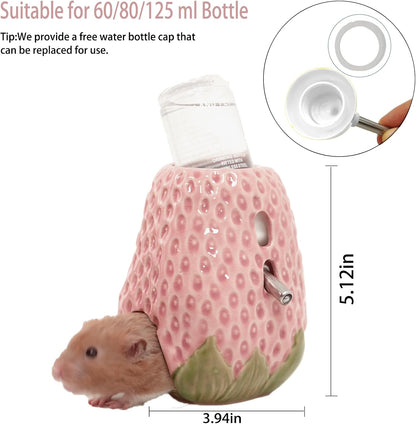 Hamster Water Bottle, Strawberry Ceramic Hamster Gerbil Water Bottle for Glass Tank, Dispenser, 80ML Bottle for Water Holder Stand with 2 No Drip Caps for Syrian Mice, GerbilPink - Image 5