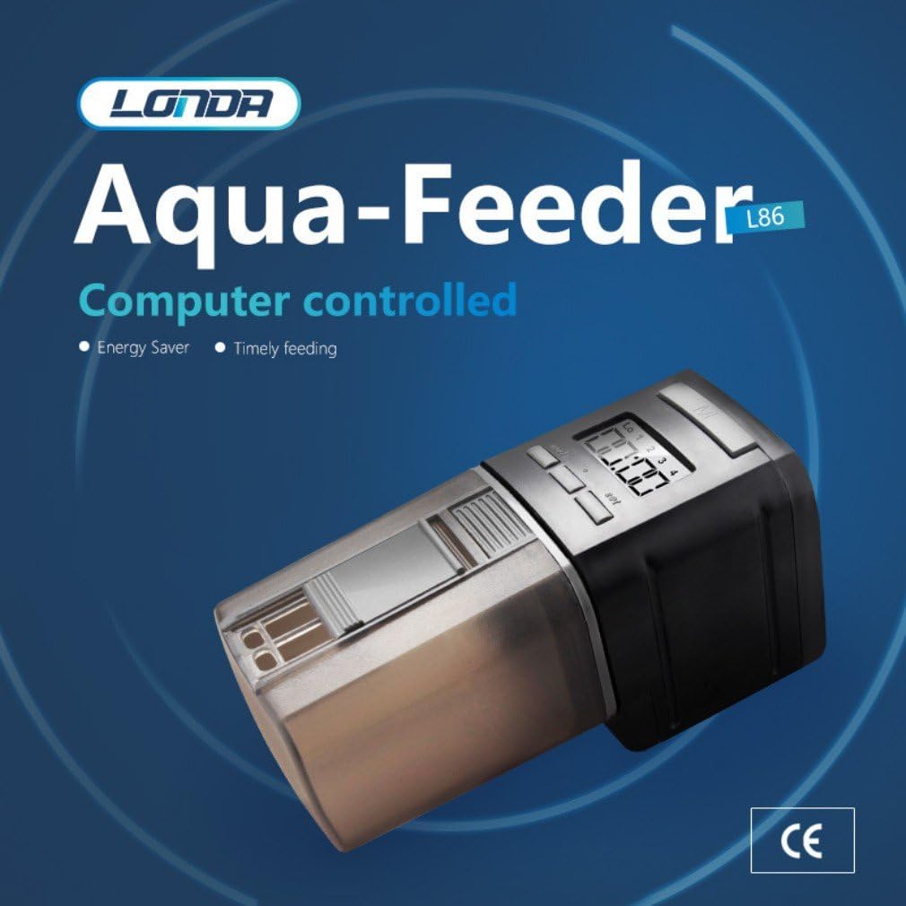 Londafish programmable fish food dispenser showing the zero point one seven five liters plastic storage box
