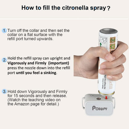 Refilling a bark collar with Poiiopy spray