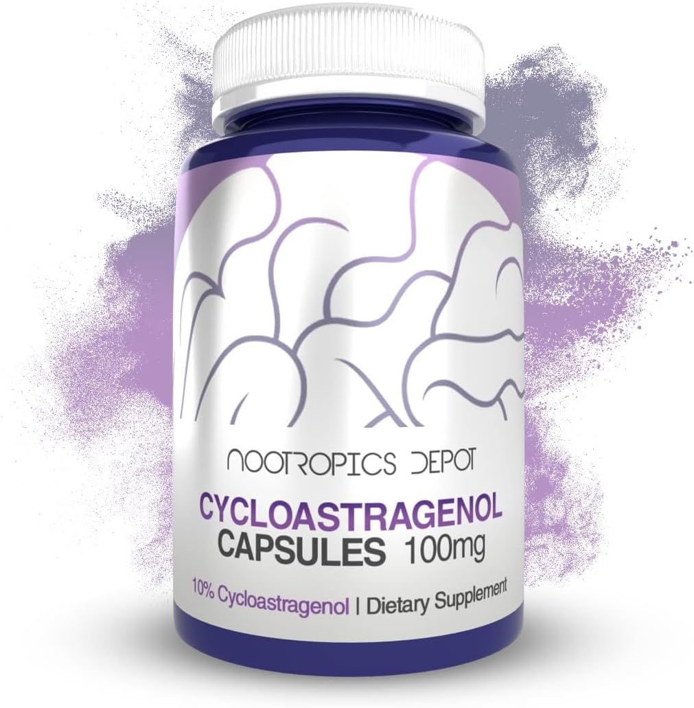 Nootropics Depot Cycloastragenol 10% 100mg 30 Capsules bottle front view showing authentic immune support supplement packaging.
