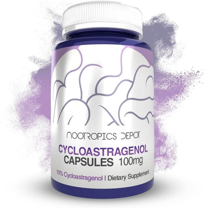 Nootropics Depot Cycloastragenol 10% 100mg 30 Capsules bottle front view showing authentic immune support supplement packaging.