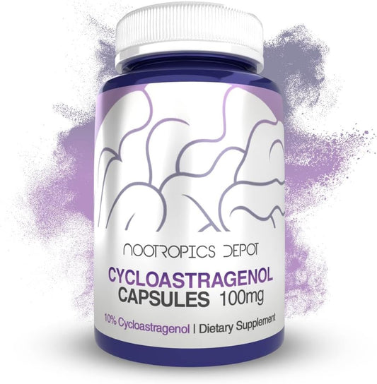 Nootropics Depot Cycloastragenol 10% 100mg 30 Capsules bottle front view showing authentic immune support supplement packaging.