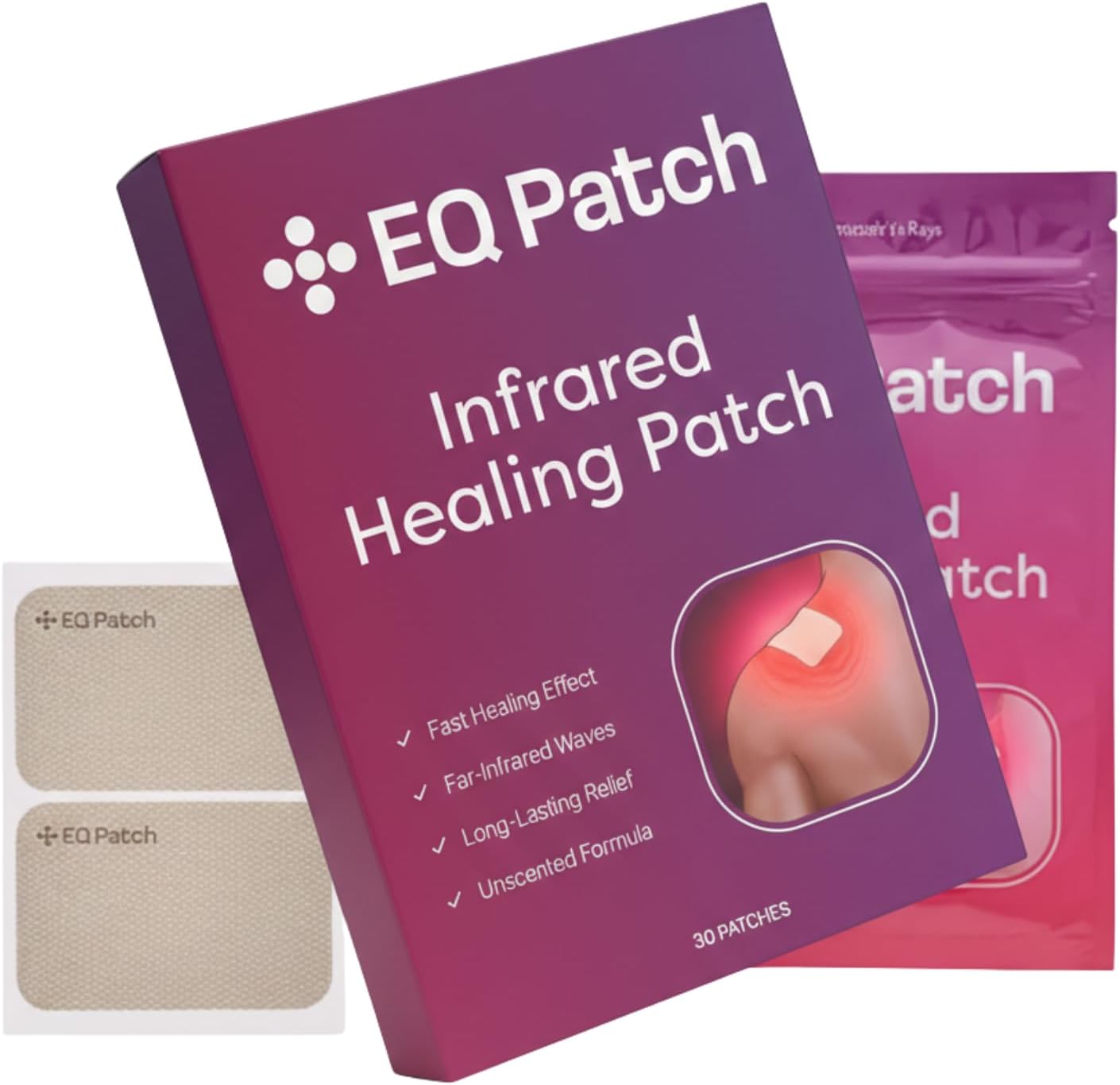 EQ Patch Infrared Warming Patches front packaging view showing 14 count box for muscle pain relief