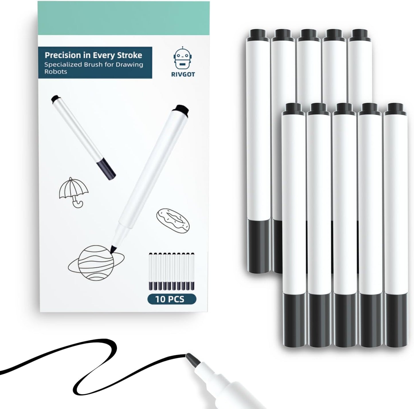 RIVGOT 10 pack specialized brushes for drawing robots front view showcasing replacement fine tip pens.
