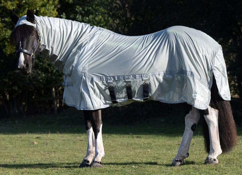 Rugged Ride Derby House Pro Combo Neck Fly Sheet Silver front view on horse