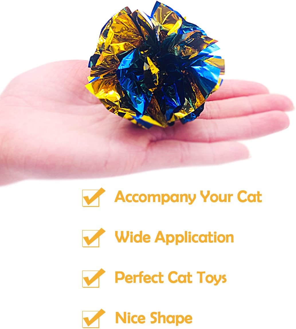 Assorted random colors of pet show mylar cat pounce toys showcasing the reflective foil texture