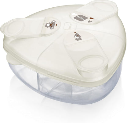 MAM Baby Spill Proof Formula Dispenser front view showcasing the unique triangular travel pack design.