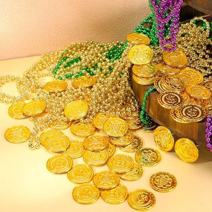 JOYIN plastic gold pieces inside a toy treasure chest for kids birthday themes