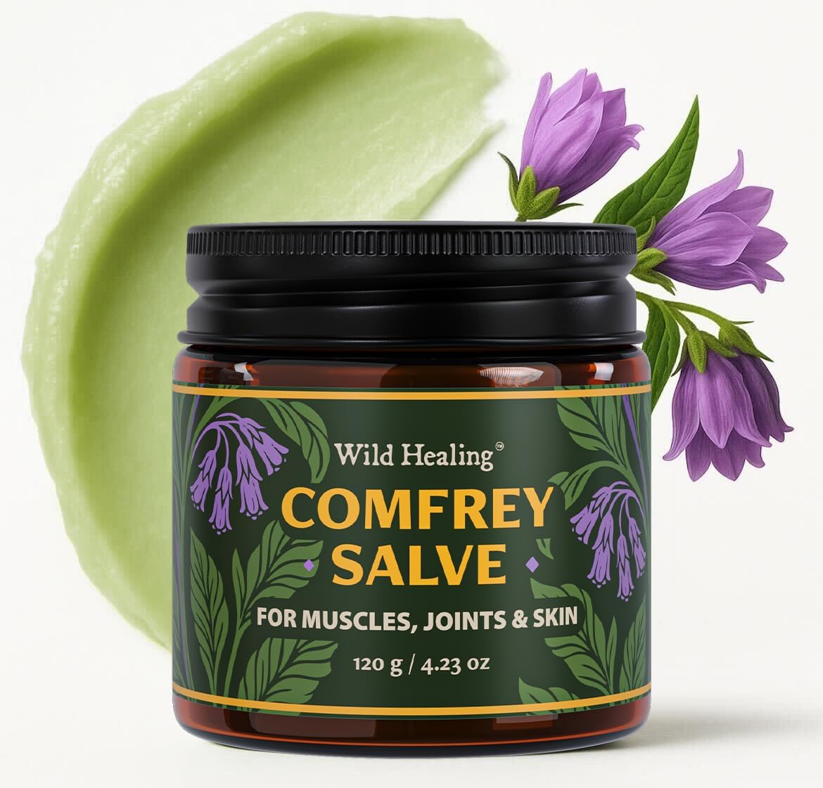 Wild Healing Comfrey Salve jar front view for muscle relief