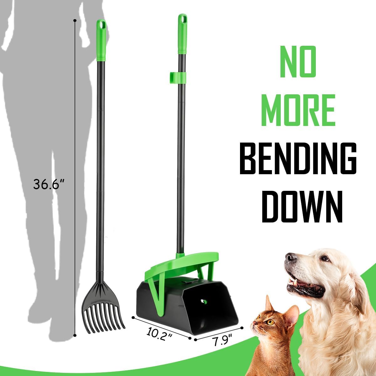 FUSBUNTY dog waste bin with long handle and green accent grips.