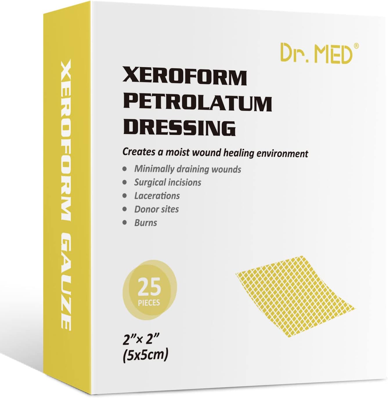 Dr. Med Xeroform Petrolatum Dressing Patch front box view of medical gauze for wound care.