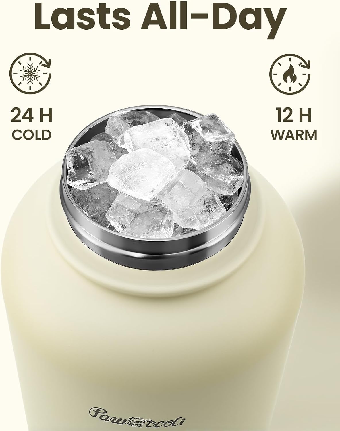Cream colored Pawccoli insulated pet bottle showing leakproof locking lid close up