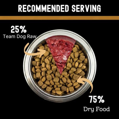 Frozen raw dog food roll showing beef and organ meat blend