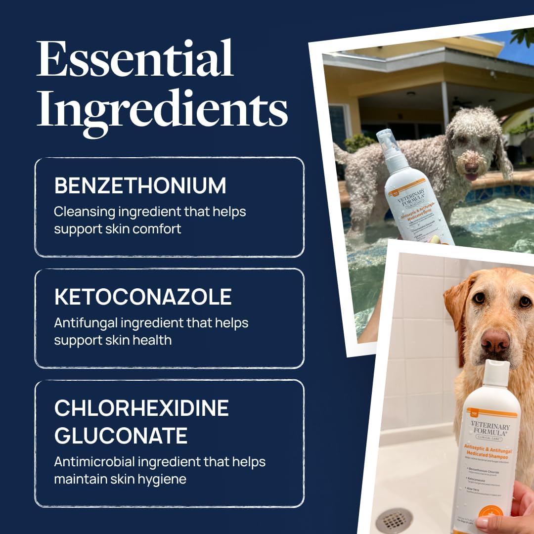 Close up of Veterinary Formula pet spray packaging highlighting paraben free and dye free formula