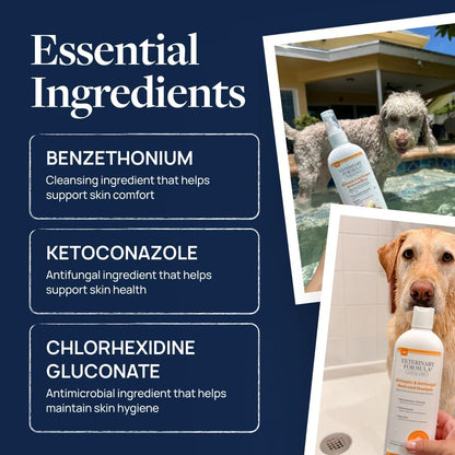 Close up of Veterinary Formula pet spray packaging highlighting paraben free and dye free formula