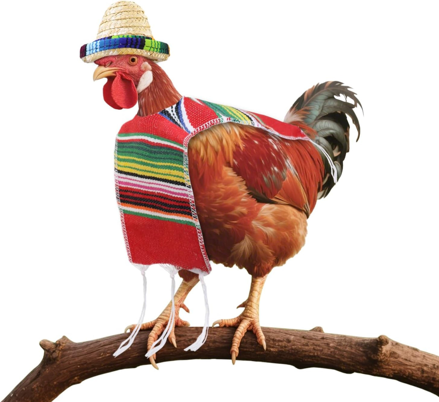 Pranovo fiesta chicken costume front view showing the miniature sombrero hat and colorful serape poncho on a pet hen.