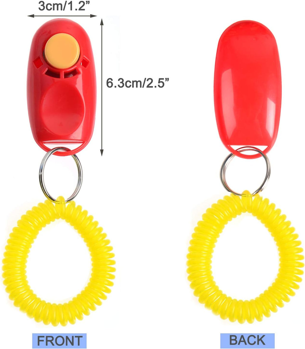 Seven pack assorted color animal obedience training clickers laid out horizontally.