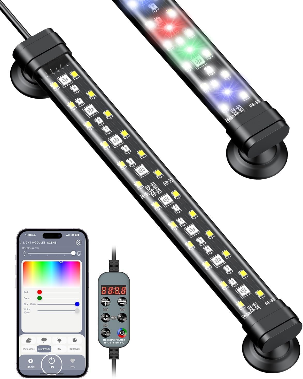 Pawfly aquarium light front view highlighting the full spectrum LED layout.
