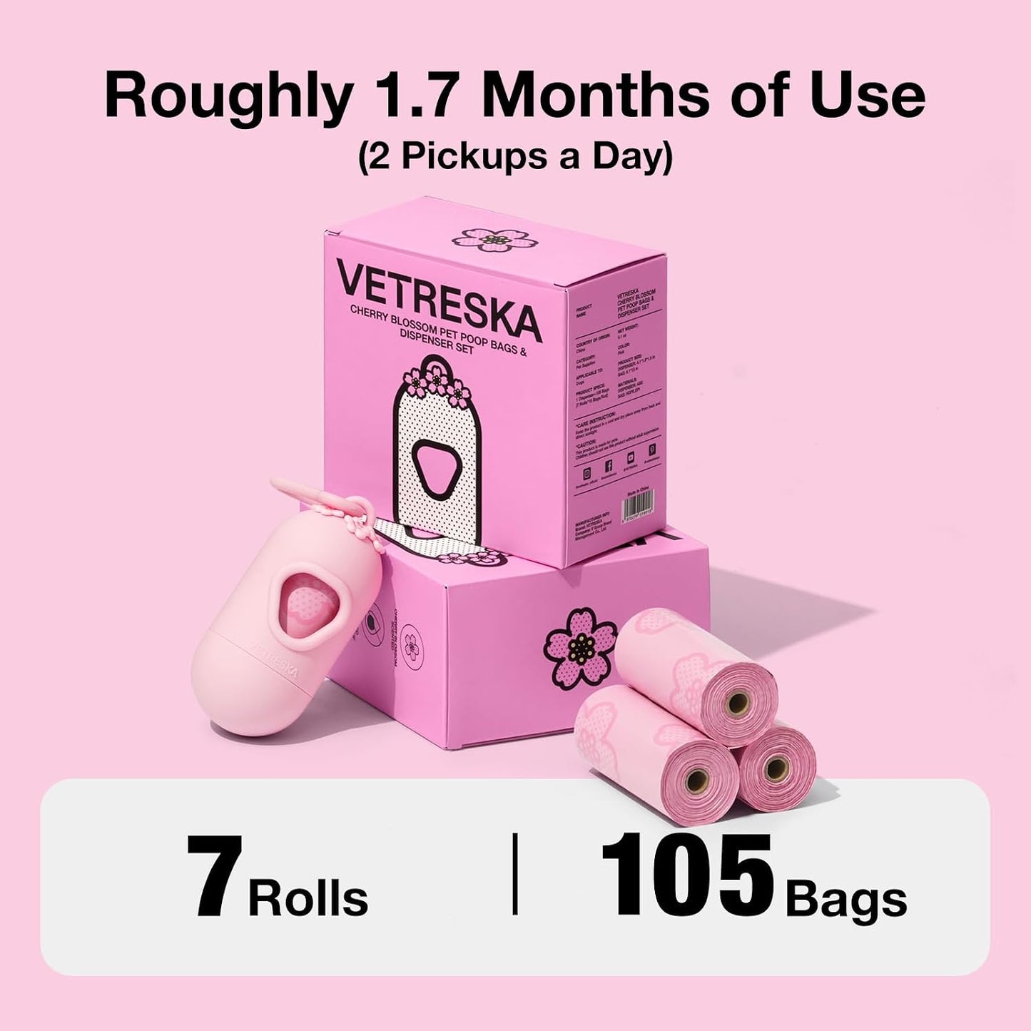 VETRESKA heavy duty pet waste bags being pulled from pink holder