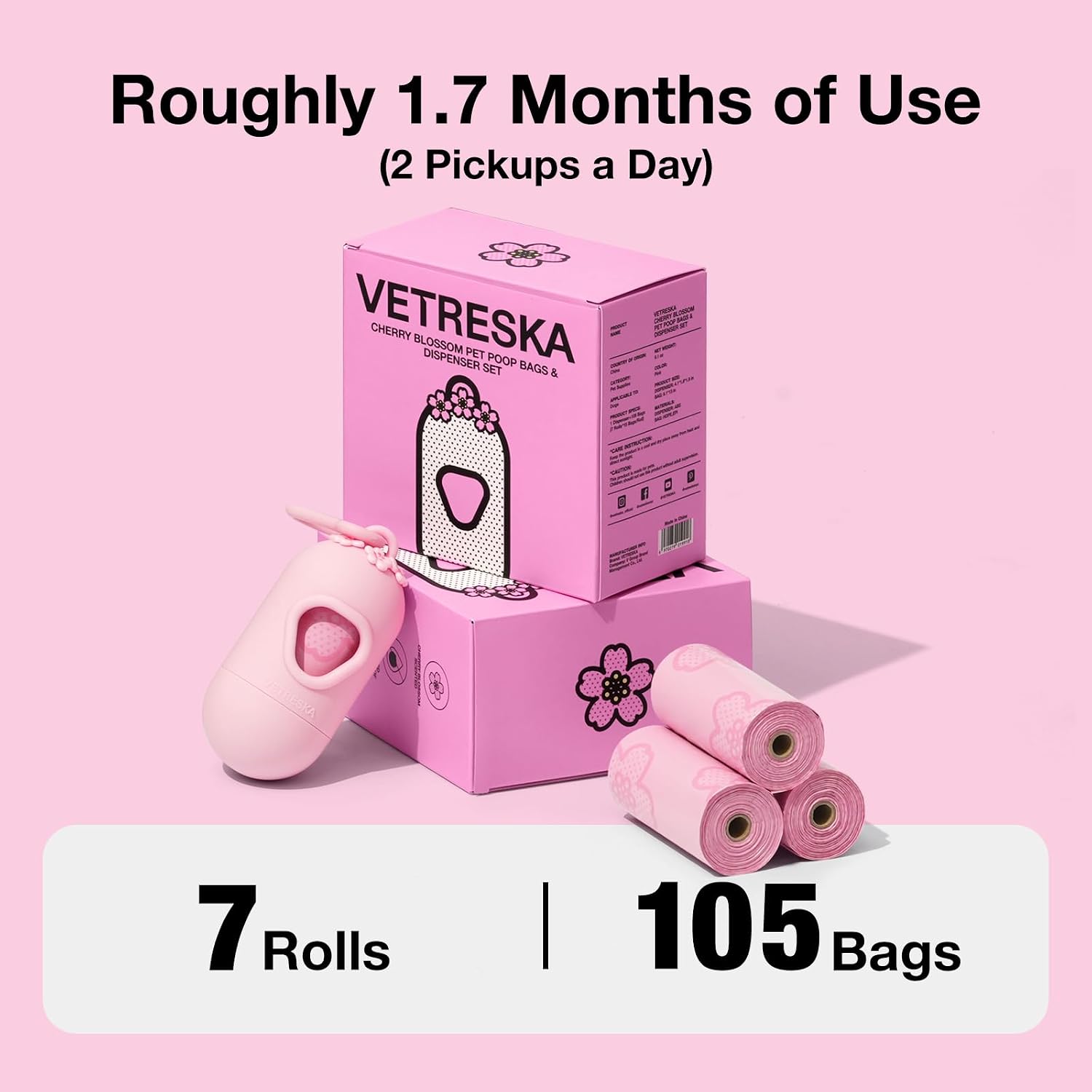 VETRESKA heavy duty pet waste bags being pulled from pink holder