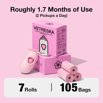 VETRESKA heavy duty pet waste bags being pulled from pink holder