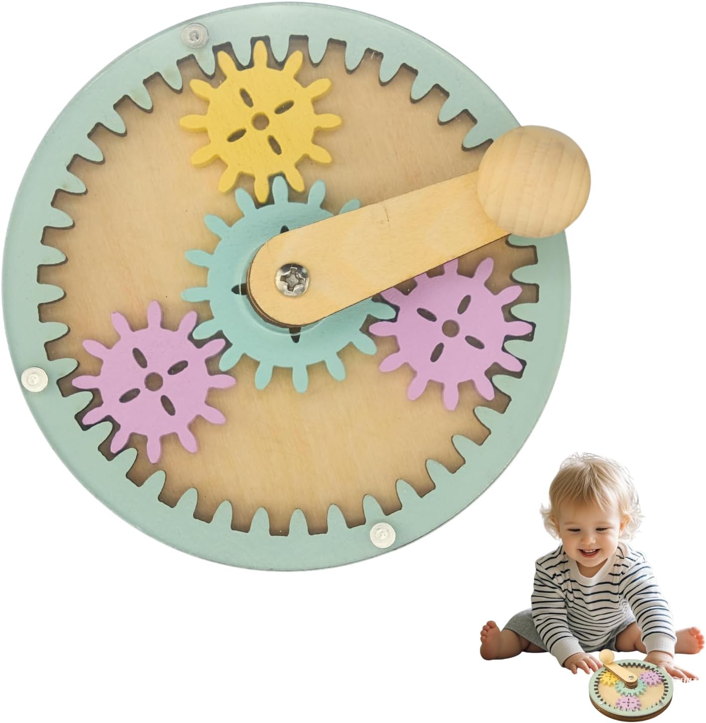 LOOM TREE Montessori wooden busy board hand crank gear accessory front view showcasing pastel colored wheels