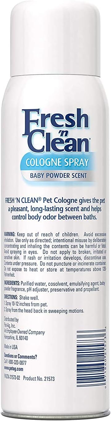 Imported USA PetAg Fresh n Clean baby powder scented dog cologne spray bottle.