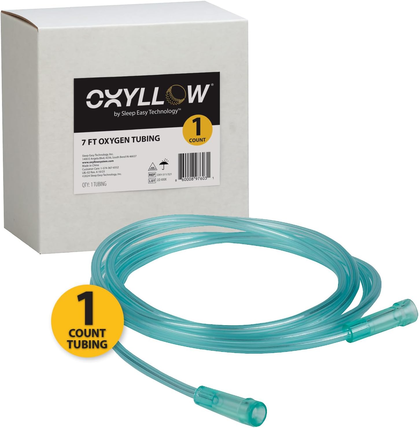 Oxyllow Premium 7 Foot Oxygen Tubing front view of medical grade packaging.
