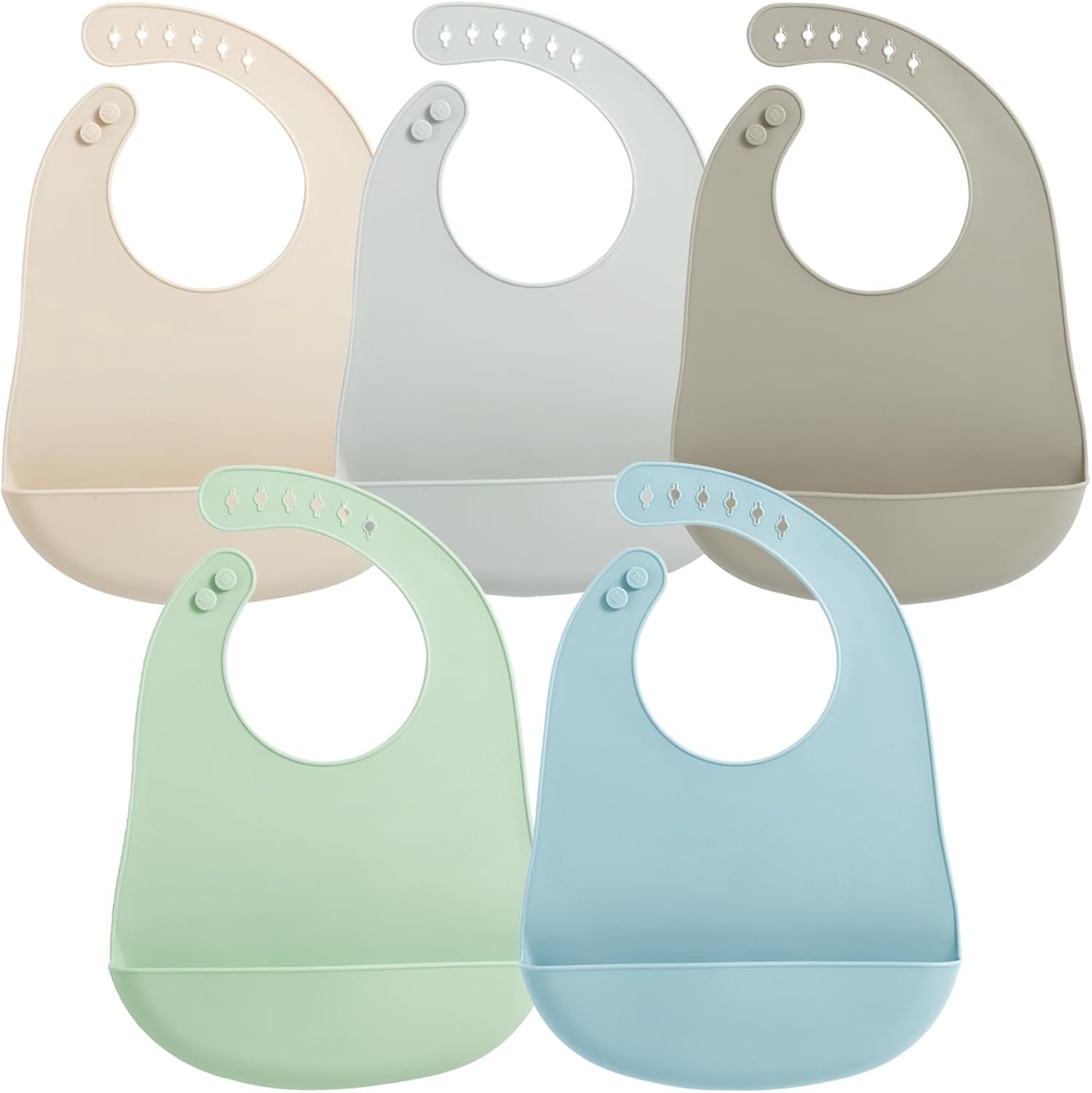 PandaEar Waterproof Silicone Baby Bibs front view of 5 pack set in pastel colors