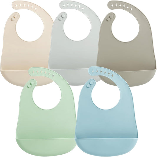PandaEar Waterproof Silicone Baby Bibs front view of 5 pack set in pastel colors