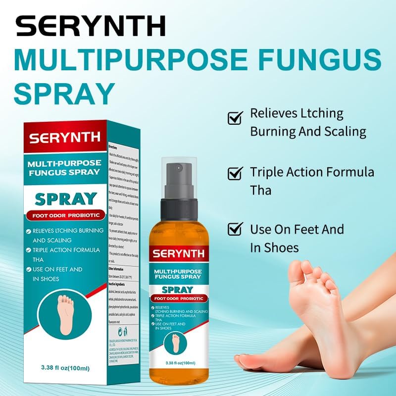 SERYNTH probiotic foot spray being applied to the sole of a foot for odor control.