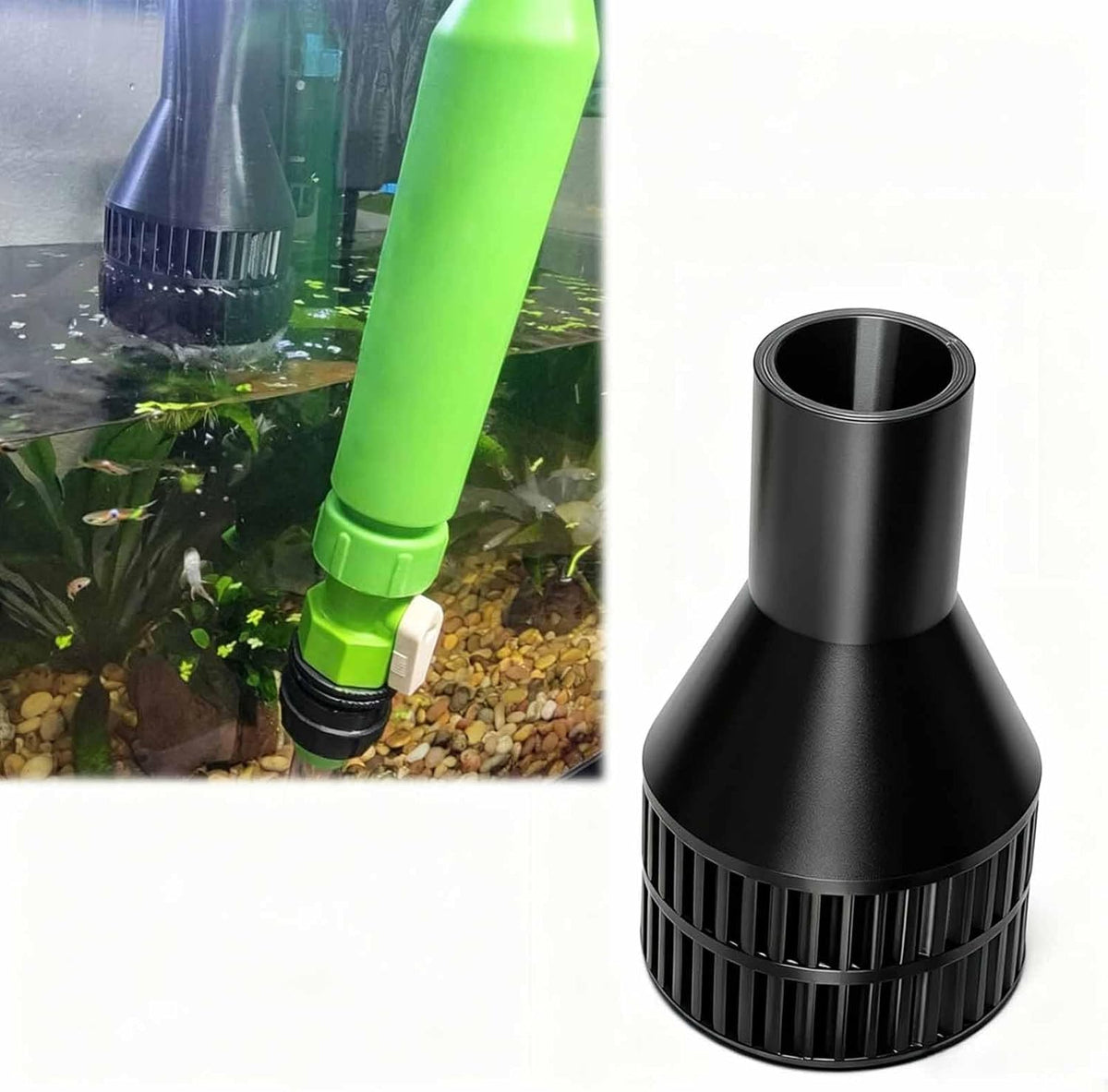 SN AQUATIC aquarium splash diffuser front view attached to a water changer hose hook