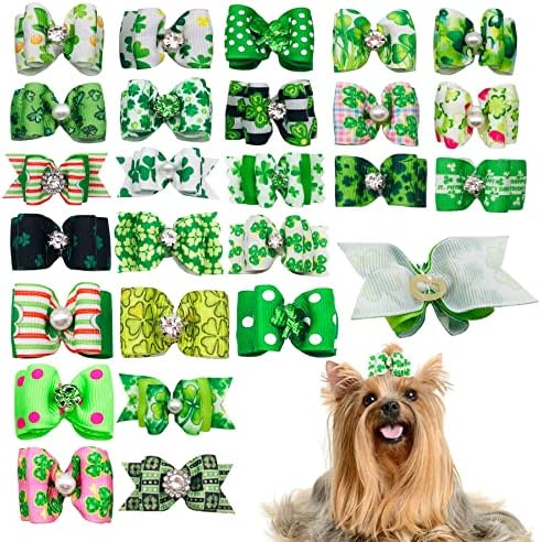 Small puppy wearing a festive St. Patrick's Day hair bow