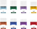 Close up view of the durable stainless steel teeth and adjustable hooks on the color coded grooming guards.