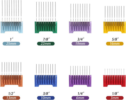 Close up view of the durable stainless steel teeth and adjustable hooks on the color coded grooming guards.