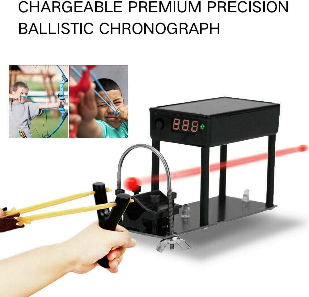 Rechargeable velocity meter displaying projectile speed in feet per second.