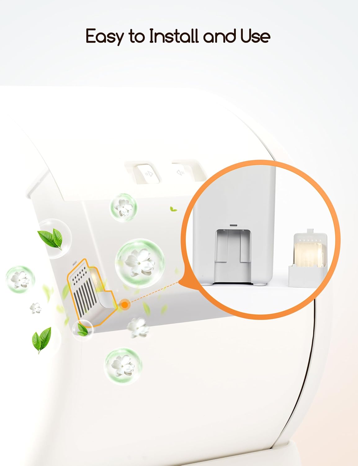 Meowant deodorizer gel cartridge being installed in a smart litter box compartment.