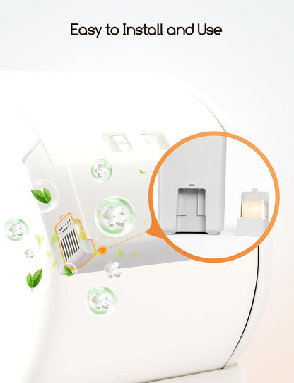 Meowant deodorizer gel cartridge being installed in a smart litter box compartment.