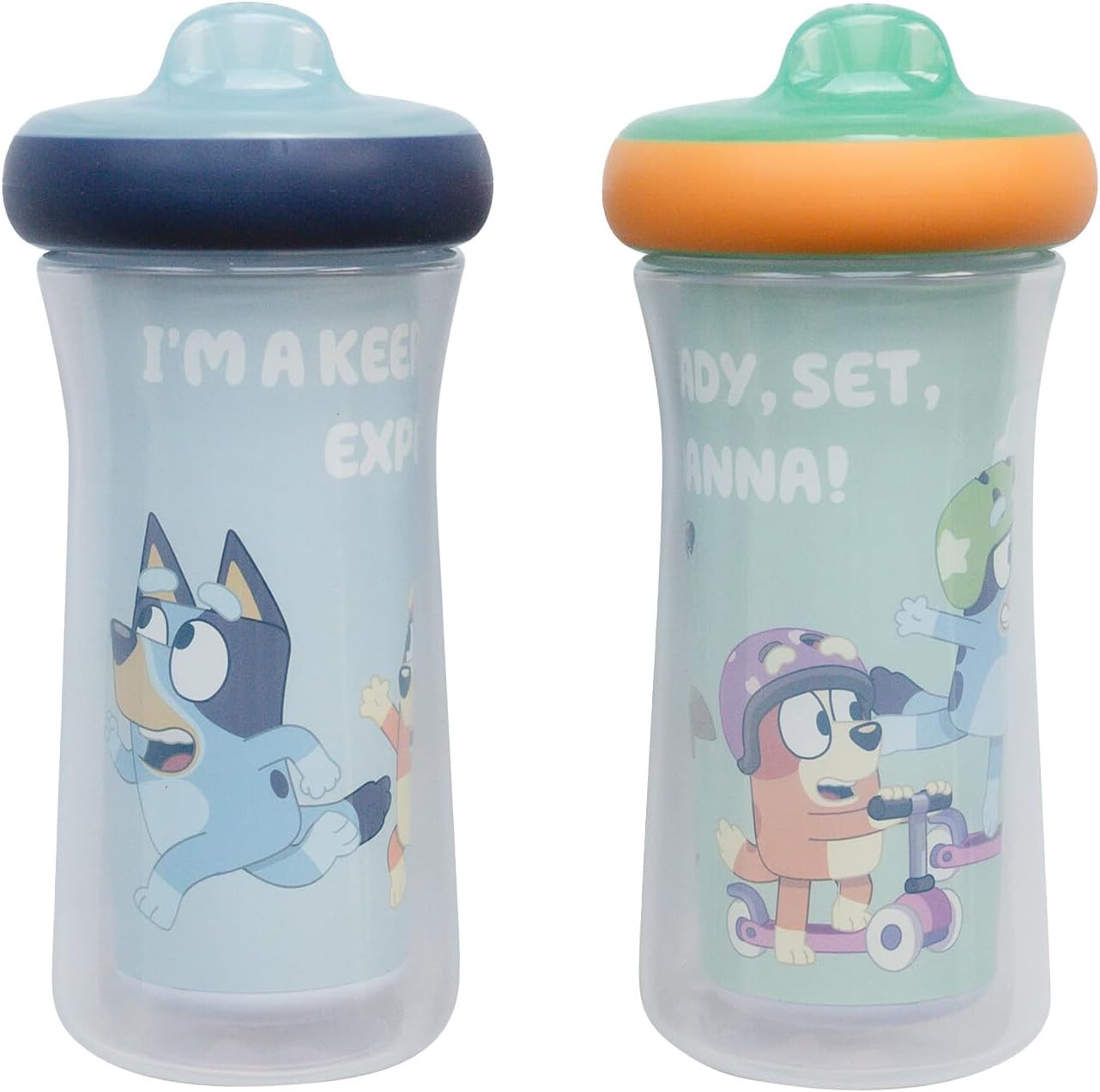 The First Years Bluey Insulated Sippy Cups front view showcasing character designs and green lids