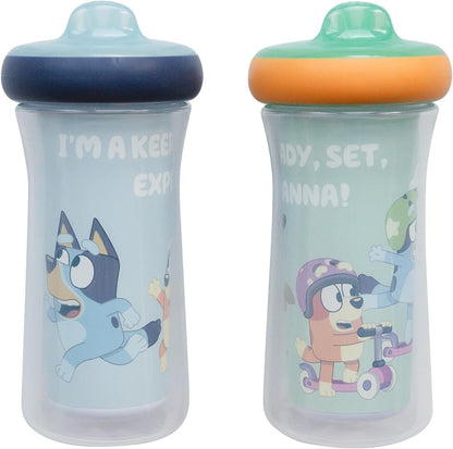 The First Years Bluey Insulated Sippy Cups front view showcasing character designs and green lids