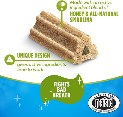 Back label of Purina DentaLife ActivFresh pouch displaying ingredient details and feeding instructions.