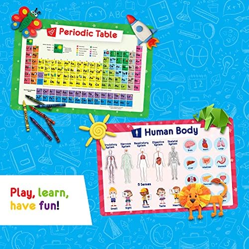 Simply Magic educational table mats set laid out on a dining surface showing human body and US map graphics