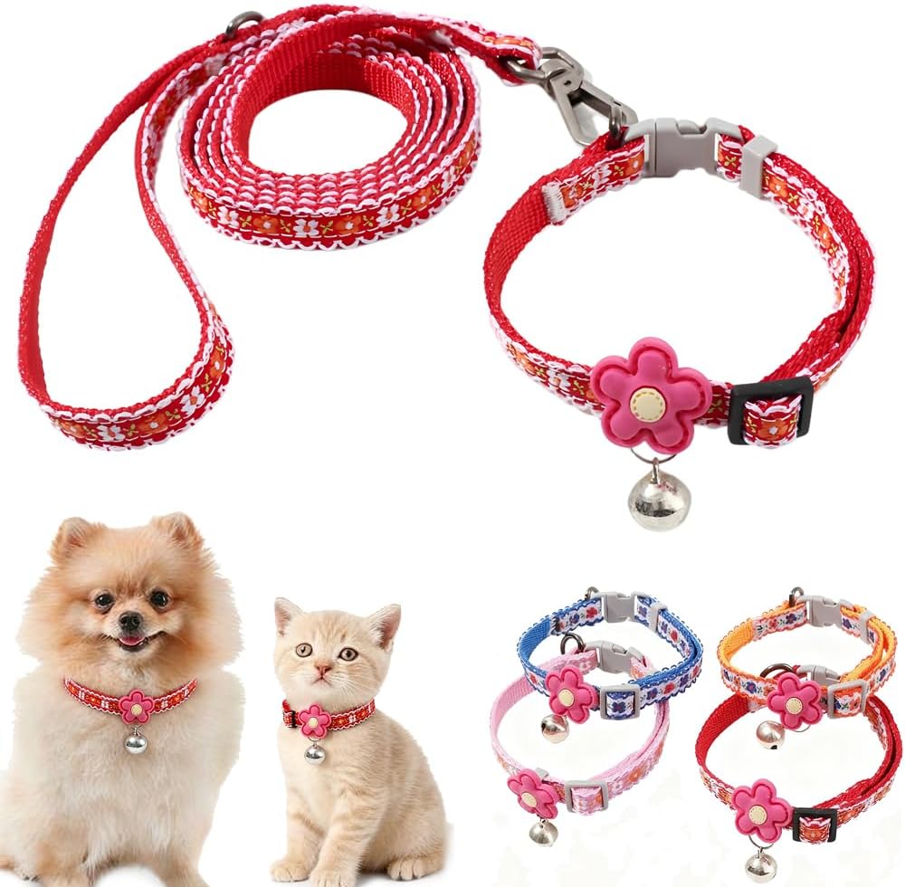 Pink XXS Dog Collar with Bell Set, Soft Flower Dogs Leash Cute Floral Cat Collars Adjustable Buckle for XS Tiny Female Girl Pets Kitten Teacup Yorkie X-Small - Image 12