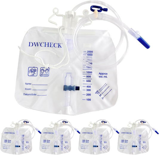 Dwcheck 5 Pack Urinary Drainage Bag front view with packaging.